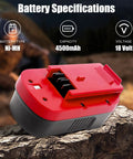 Close-up of Two Pack 4500mAh NiMH 18V Replacement Battery For 244760-00 HPB18 Firestorm Cordless Tools, red color on rocky surface.