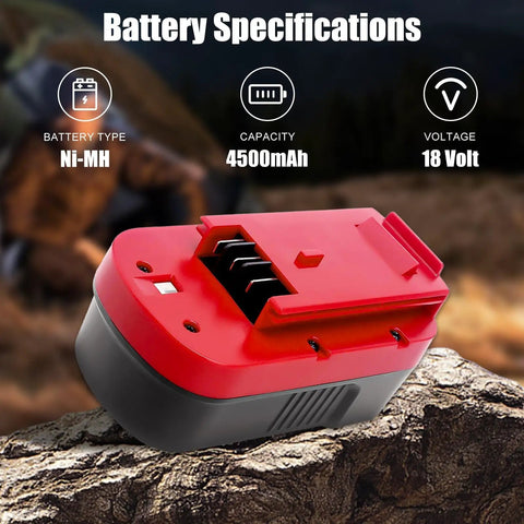 Close-up of Two Pack 4500mAh NiMH 18V Replacement Battery For 244760-00 HPB18 Firestorm Cordless Tools, red color on rocky surface.