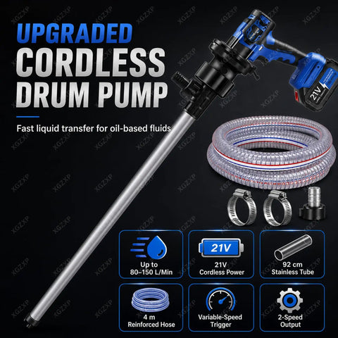 Cordless Electric Oil Drum Pump With 92Cm Stainless Steel Tube For Diesel And Kerosene Transfer. Includes 4M Hose, Two Batteries, And Delivers Up To 60 L/Min Flow Rate For Easy Fuel Moving Jobs Around The Garage