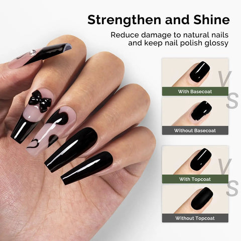Manicure with HEMA Free Gel Polish Base Coat And Top Coat Set No Wipe Soak Off UV Long Lasting Glossy Finish showing strength and shine