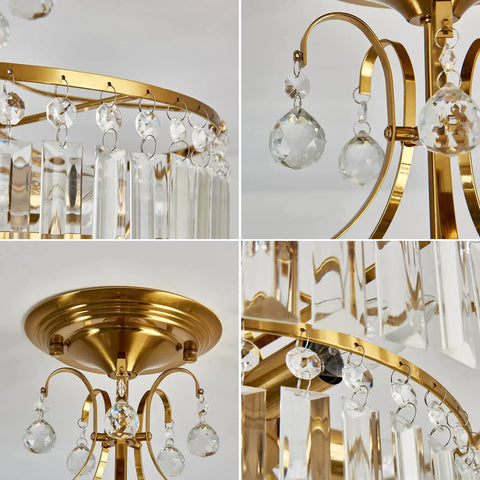 Crystal Gold Chandelier Ceiling Light With E12 Base, Modern Semi Flush Mount Fixture close-up details, luxe crystal glass design
