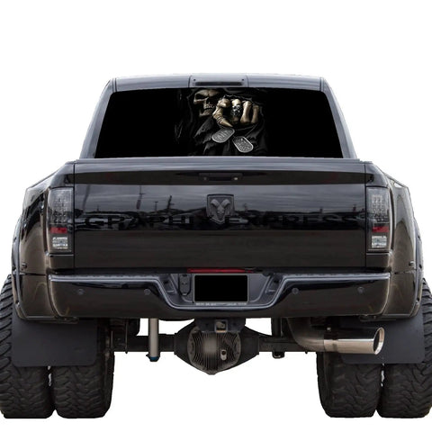 Grim Reaper Back Window Graphics for Trucks See Through Vinyl Wrap Full Window Decal With Death Skull Design on truck rear window.