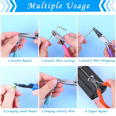 Beading And Jewelry Making Tools Kit 6 Piece Set With Needle Nose Pliers Round Nose Pliers Bent Nose Pliers Wire Cutters Crimping Pliers And End Nippers For DIY Beads Craft Projects And Pro Jewelry Making showing multiple uses and zipper repair