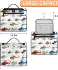 Aircraft Inspired Travel Toiletry Bag For Women And Men with helicopter prints, hanging hook, large capacity, and multi-pocket organizer.