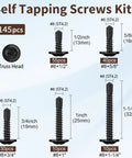 145 Piece Self Tapping Screws Set For Metal Projects In 410 Stainless Steel With Black Zinc Plating, size details shown