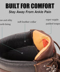 Close-up of the collar and padded tongue of heavy duty steel toe work boots for men with Goodyear welt construction.