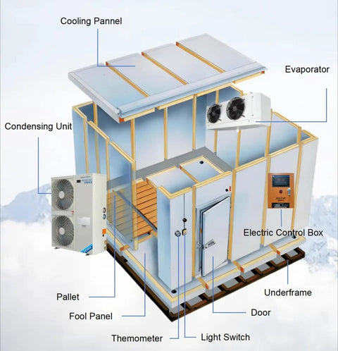 Diagram of Rock Solid Commercial Walk In Freezer Cold Room With Heavy Duty Insulated Panels for meat and seafood storage.