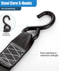 Close-up of the S-hook on two pack 2 inch retractable ratchet straps with storage bag, steel core, no scratch finish.