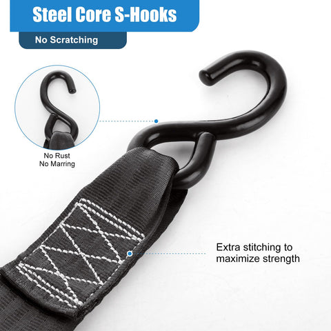 Close-up of the S-hook on two pack 2 inch retractable ratchet straps with storage bag, steel core, no scratch finish.