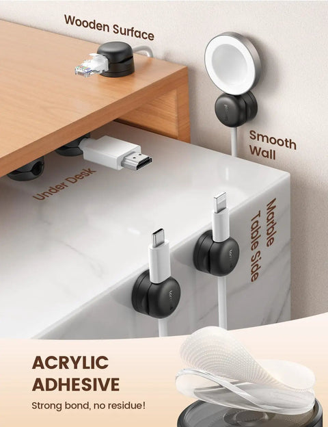 Go To Rotatable Cord Organizer 360 Degree Cable Clips Adhesive Wire Holder mounted on wooden desk and smooth wall