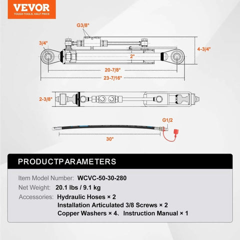 Technical diagram of Cat 1-1 Hydraulic Top Link For Tractors, 11 Inch Stroke, retracted 20.88 in, extended 31.88 in, includes hoses.