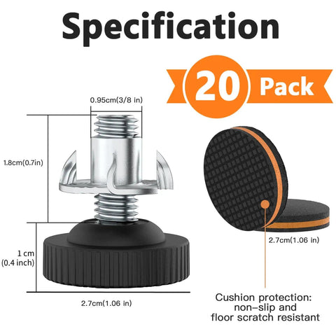 Beefy Heavy Duty Adjustable Furniture Levelers With Floor Protectors 20 Pack Screw In Feet With Rubber Pads For Tables Chairs Desks Cabinets And Workbenches Indoors Outdoors Includes One Quarter Inch Screws And One Point One Inch Height Extender