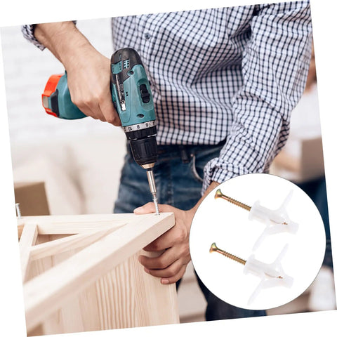 Person using drill with Nylon Expansion Screws Kit For Gypsum Board Drywall Projects Diy Friendly 100-Piece Anchor Set