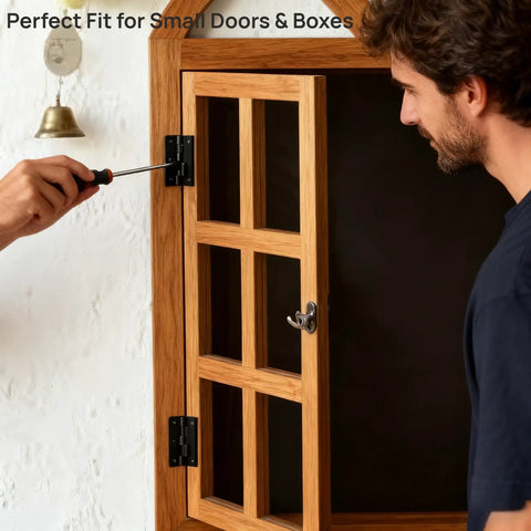 2 Inch Black Stainless Steel Mini Folding Hinges for Small Cabinet Doors being installed