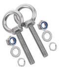 Pro Grade Stainless Steel Eye Bolts M10x60 Threaded Hang Hooks With Nuts And Washers on a white background, showing hardware components.