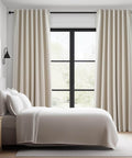 Heavy Duty Blackout Curtains For Track System, 9 Ft Long Cream Tan 2 Panel Set With Back Tab Pleat Design in bedroom window