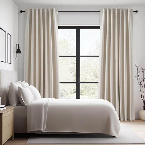 Heavy Duty Blackout Curtains For Track System, 9 Ft Long Cream Tan 2 Panel Set With Back Tab Pleat Design in bedroom window