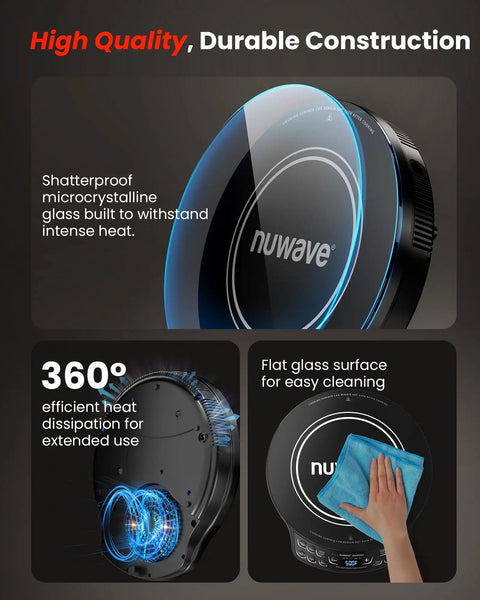 Portable Induction Cooktop With Probe, Diamond Edition, 91 Temp Settings From 100F To 500F, showcasing durability and cleaning.