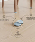 Self-Adhesive PTFE Furniture Glides Round 0.63 Inch Sliders For Hardwood Floors Chairs And Tables Cut Friction Protect Floors And Let Heavy Furniture Move Smoothly Like Butter In A 1 Pack shown under chair leg and detail view on wood floor