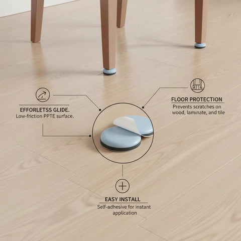 Self-Adhesive PTFE Furniture Glides Round 0.63 Inch Sliders For Hardwood Floors Chairs And Tables Cut Friction Protect Floors And Let Heavy Furniture Move Smoothly Like Butter In A 1 Pack shown under chair leg and detail view on wood floor