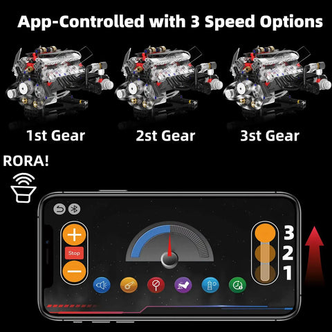 App controller with 3 speeds for Realistic V8 Engine Model Kit With Working Pistons Lights And Motor Visible Engine Movement STEM Build Set
