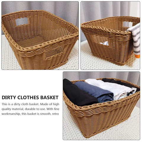 Large Woven Storage Basket With Handles For Laundry Bedroom And Bathroom Rustic Rattan Look Versatile Storage Bin For Towels Blankets And Toys Bottom 11.8 By 7.9 Top 17.3 By 10.2 7.9 Inch Tall on white surface