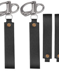 Front view of two silver stainless steel quick-release shackles with black leather straps for SCBA mask lanyards.