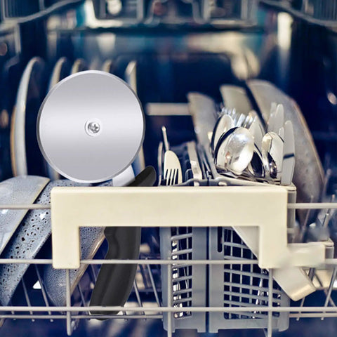 Stainless Steel Pizza Cutter Wheel 9.33 Inch Heavy Duty Rolling Slicer in dishwasher with finger guard, easy to clean kitchen tool