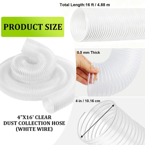 Clear 4 Inch Dust Collection Hose, Flexible 16 Foot PVC Debris Vacuum Tube For Woodworking Dust Systems shown in coiled form