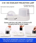 Ocean Night Light Projector For Kids With Galaxy Nebula Visuals, USB powered lamp showing setup and projection modes