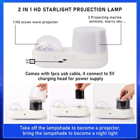 Ocean Night Light Projector For Kids With Galaxy Nebula Visuals, USB powered lamp showing setup and projection modes