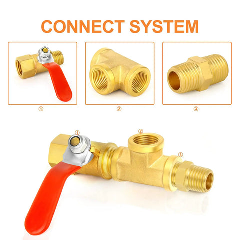 Six Pack 1/4 Inch NPT Brass Pipe Fittings With Ball Valve And Barstock Tee, Solid Brass Construction, Connect System