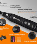 Top Notch Mini Cordless Rotary Tool Accessory Kit With 42 Pieces And 5 Speed Pen Sized Grinder with buttons and cooling feature.