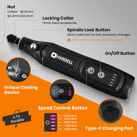 Top Notch Mini Cordless Rotary Tool Accessory Kit With 42 Pieces And 5 Speed Pen Sized Grinder with buttons and cooling feature.