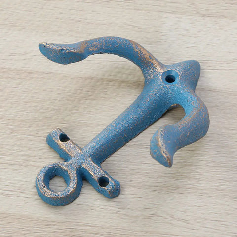 Vintage Rustic Cast Iron Nautical Anchor Wall Hooks Built Tough, solid sky blue, measures 4 by 3.7 inches, ideal for coats.