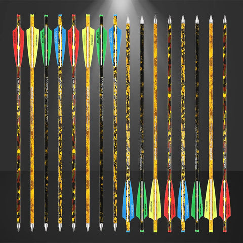 12 Pack 20 Inch Camouflage Carbon Crossbow Bolts With Screw In Broadheads For Hunting Set in assorted colors on display