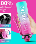 Hand holding 32oz Motivational Water Bottle With Time Marker And Straw, BPA Free Tritan Sports Bottle With Carry Strap, pink design