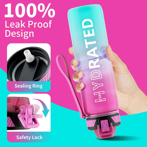 Hand holding 32oz Motivational Water Bottle With Time Marker And Straw, BPA Free Tritan Sports Bottle With Carry Strap, pink design