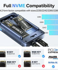 Twin Bay 40Gbps M.2 NVMe SSD Enclosure With Active Cooling And Machined Aluminum Case displaying NVMe compatibility and sizes.