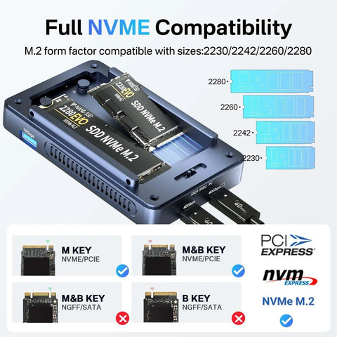 Twin Bay 40Gbps M.2 NVMe SSD Enclosure With Active Cooling And Machined Aluminum Case displaying NVMe compatibility and sizes.