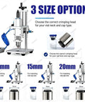 High Speed Pneumatic Vial Sealing Machine For Aluminum Glass Bottles Foot Pedal Tabletop Capper Handles 13 Millimeter 15mm 20mm Sizes Fast Efficiency with three size options displayed.