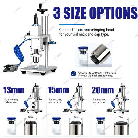 High Speed Pneumatic Vial Sealing Machine For Aluminum Glass Bottles Foot Pedal Tabletop Capper Handles 13 Millimeter 15mm 20mm Sizes Fast Efficiency with three size options displayed.