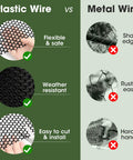 Comparison of plastic wire and metal wire, highlighting advantages of Plastic Chicken Wire Fence Mesh 15.7 In By 16.4 Ft Black Hexagonal Tough Netting 0.35 In Mesh For Poultry Rabbits Dogs Flowers Garden Fencing Barrier DIY Easy Install Yard over metal