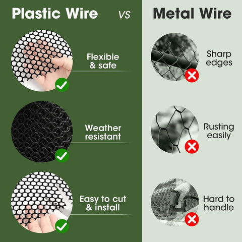 Comparison of plastic wire and metal wire, highlighting advantages of Plastic Chicken Wire Fence Mesh 15.7 In By 16.4 Ft Black Hexagonal Tough Netting 0.35 In Mesh For Poultry Rabbits Dogs Flowers Garden Fencing Barrier DIY Easy Install Yard over metal