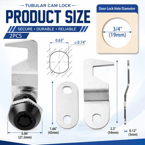 2 Pack Black Toolbox Locks With Keys Tubular Cam Locks Keyed Alike with size details and hook cam design diagram.