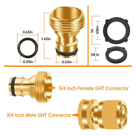 Heavy Duty Rust Resistant Brass Garden Hose Quick Connect Fittings Three Quarter Inch GHT Female To Female Adapters No Leak Easy To Use Includes Two Female Connectors For Fast Leak Free Hose Setup on display with dimensions.
