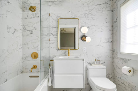 Black And Gold Globe Wall Sconce Set Two Light Fixture In Mid Mod Style Brass And Black Finish With Milk Glass Globes in bathroom