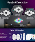 Hexagon RGB LED Wall Panels Lights For Game Room And Bedroom, Color Changing Honeycomb Panels setup guide with accessories shown.