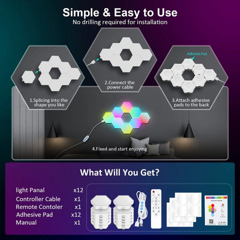 Hexagon RGB LED Wall Panels Lights For Game Room And Bedroom, Color Changing Honeycomb Panels setup guide with accessories shown.