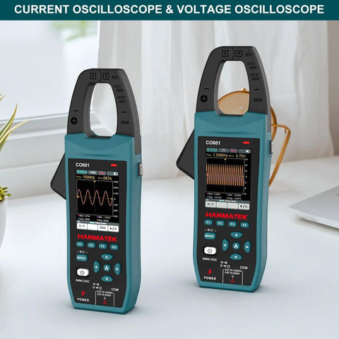 Two blue 3-In-1 AC/DC Clamp Meter And Oscilloscope For Current And Voltage, Pro Grade with digital display showing waveforms.